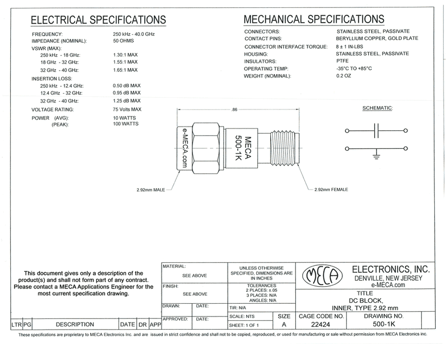 500-1K DC Block 2.92mm  electrical specs