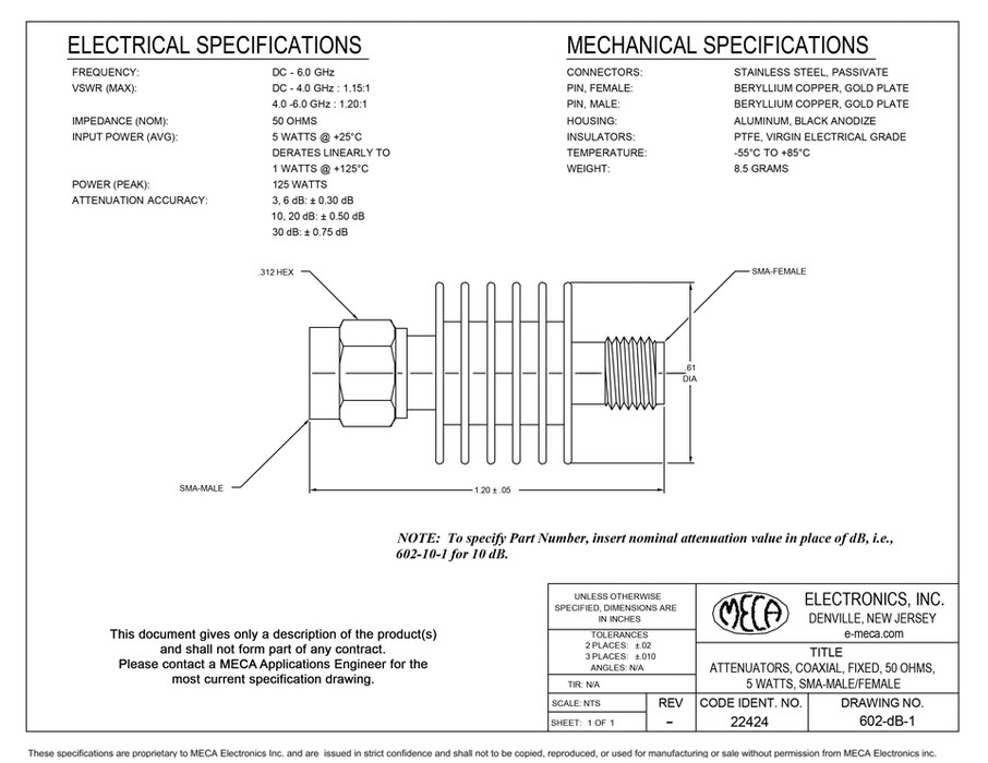 602-dB -1 Attenuator electrical specs
