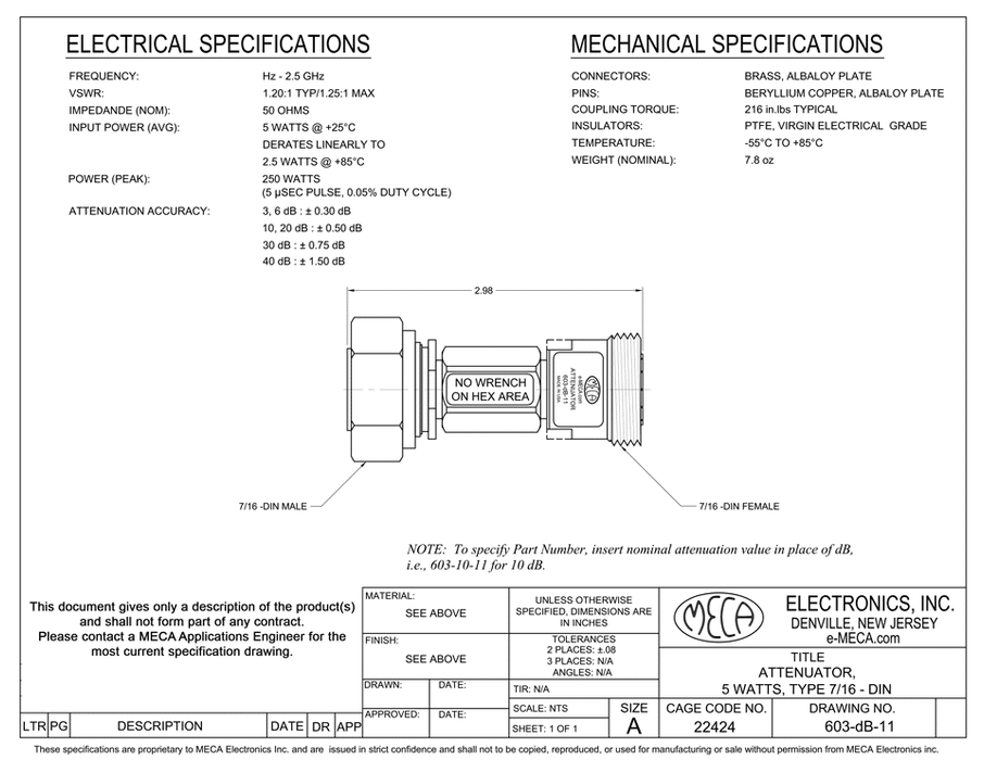 603-dB-11 7/16 DIN Attenuator electrical specs
