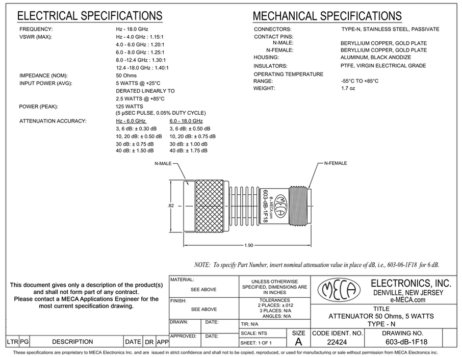 603-dB-1F18 N Type Attenuator electrical specs