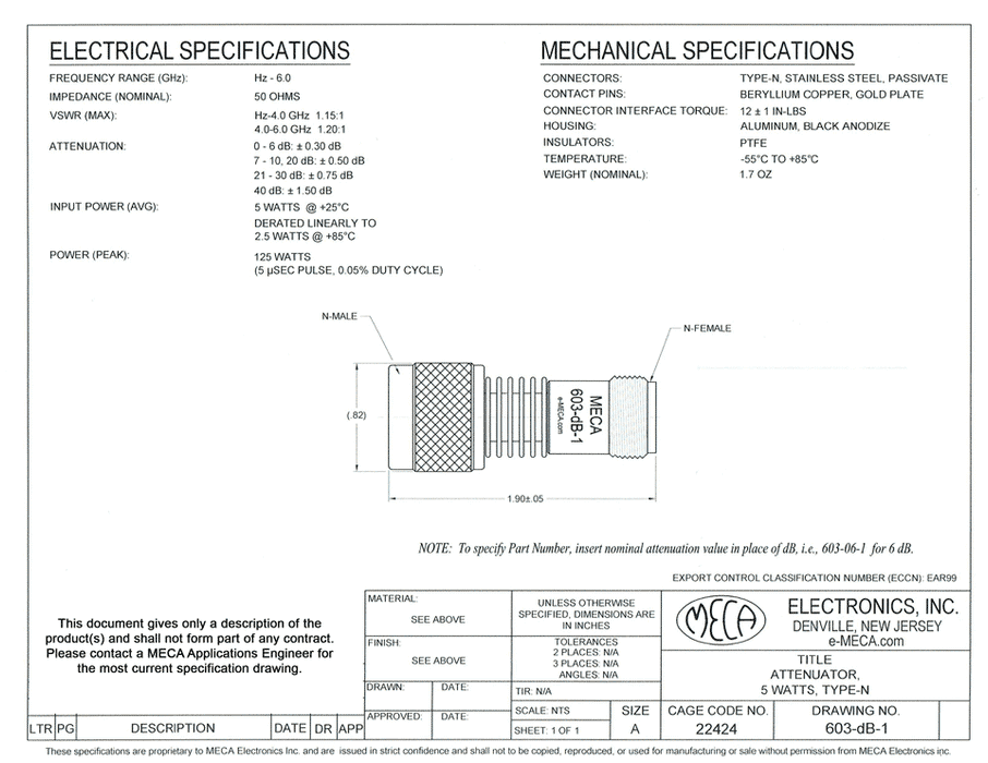 603-dB-1 N-Type Attenuator electrical specs