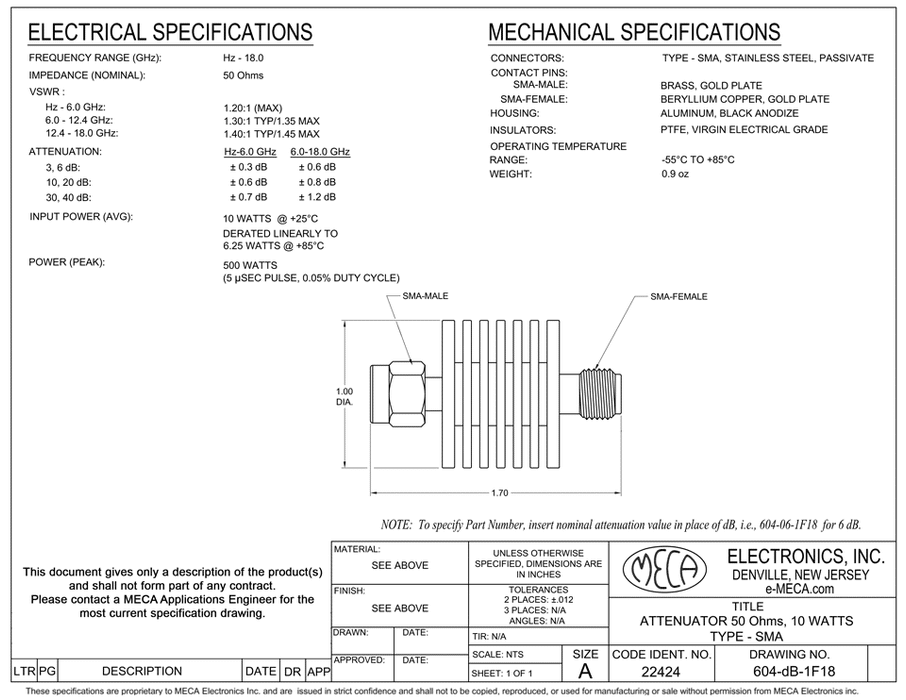 604-dB-1F18 10-Watts Attenuator electrical specs
