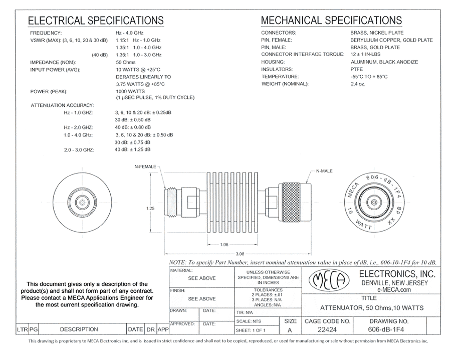 606-dB-1F4 N-Type Attenuator electrical specs