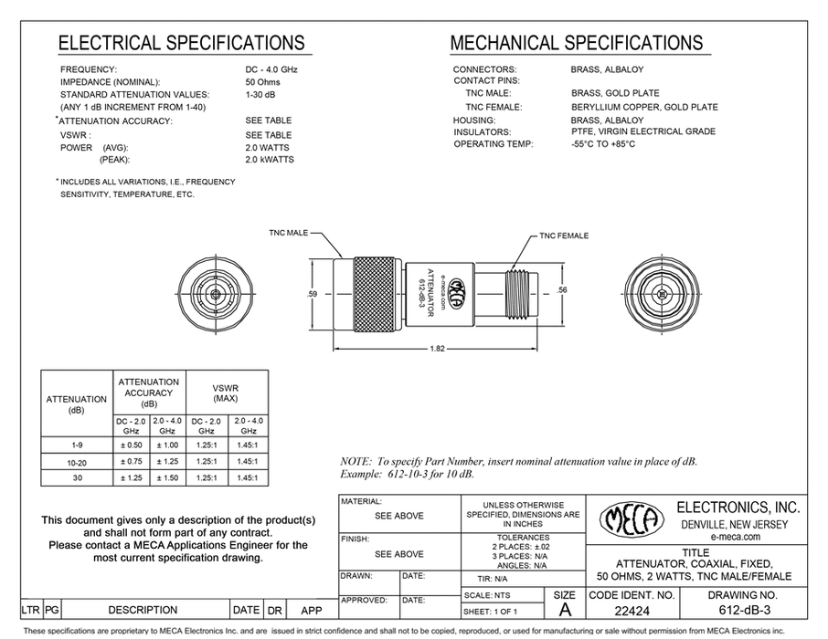 612-dB-3 Microwave Attenuators electrical specs