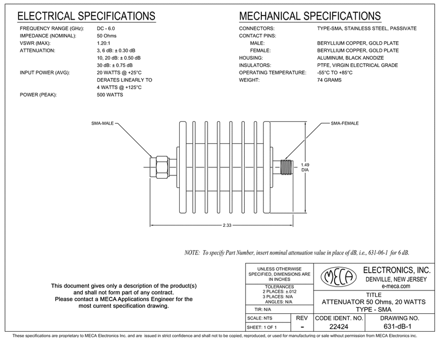 631-dB-1 Coaxial Attenuator electrical specs