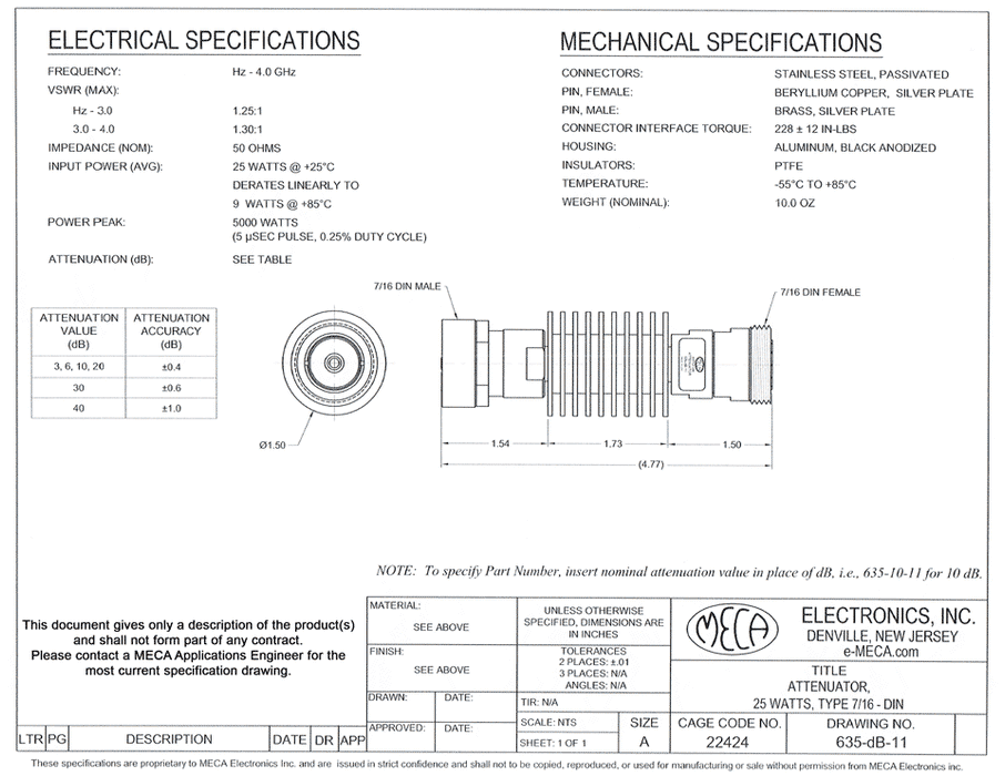635-dB-11 RF Attenuators electrical specs