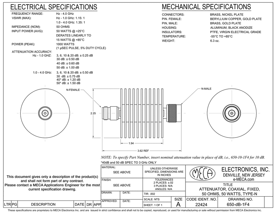 650-dB-1F4 50W Attenuators electrical specs