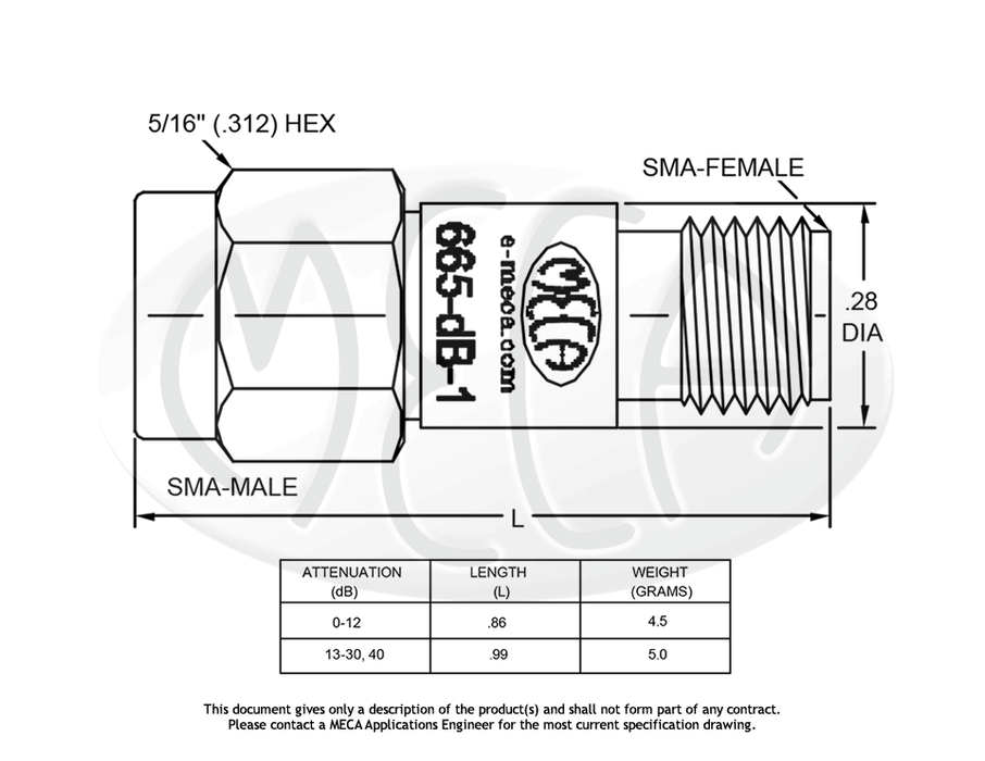 665-dB-1 Coaxial Attenuator SMA-Type connectors drawing