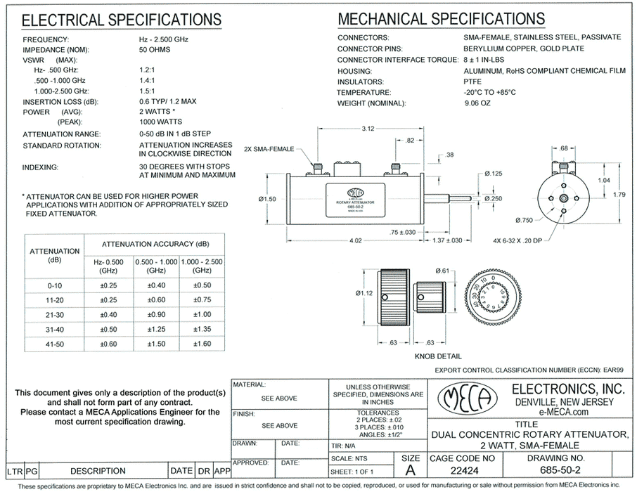685-50-2, SMA-Female, 2 Watts, Hz-2.500 GHz