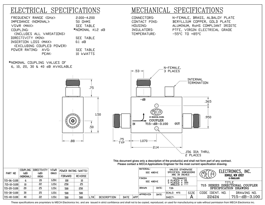715-dB-3.100 N-Female Directional Couplers electrical specs