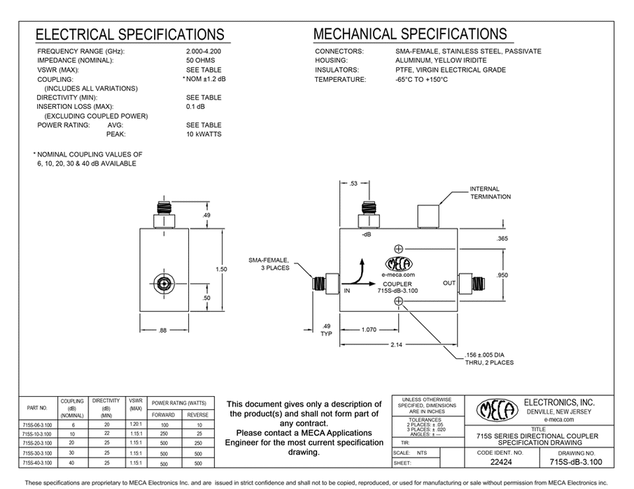 715S-dB-3.100 100 Watt Directional Coupler electrical specs