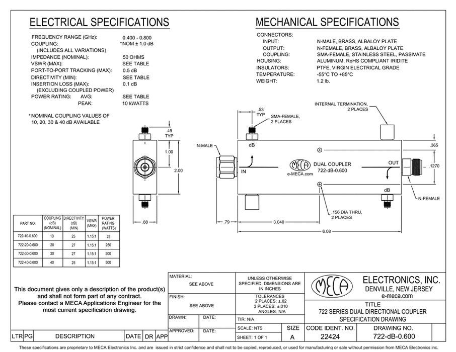 722-dB-0.600 Dual Directional Coupler electrical specs