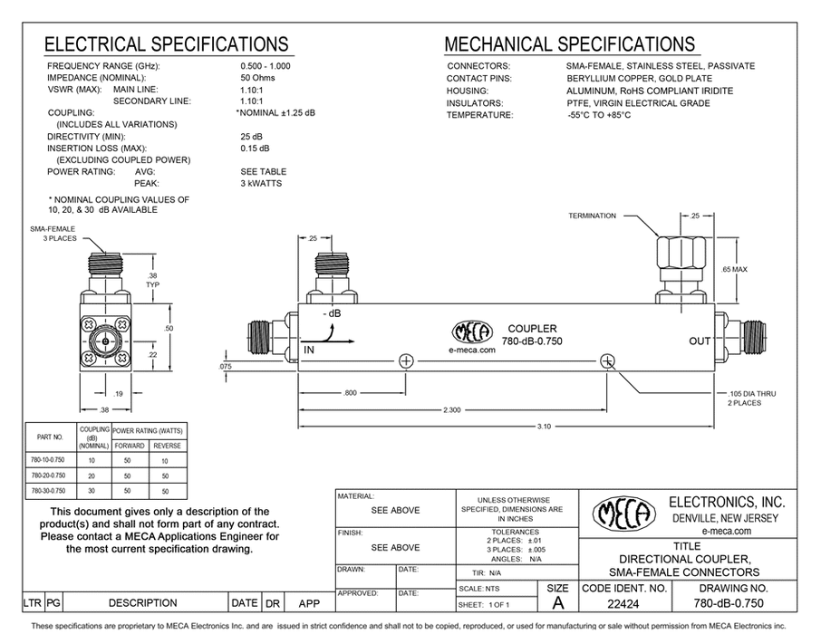 780-dB-0.750 50 Watts Stripline RF Directional Coupler electrical specs