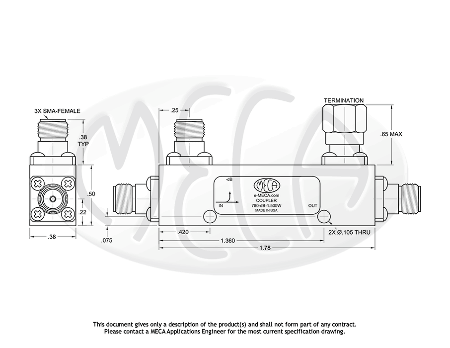 780-dB-1.500W Directional Coupler SMA-Female connectors drawing