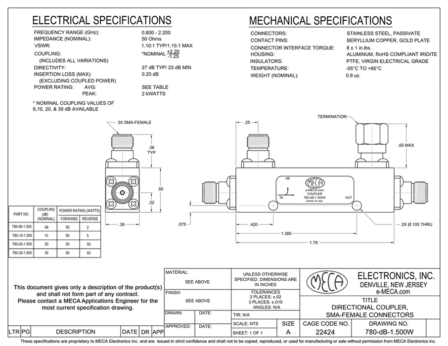 780-dB-1.500W Stripline RF Directional Coupler electrical specs