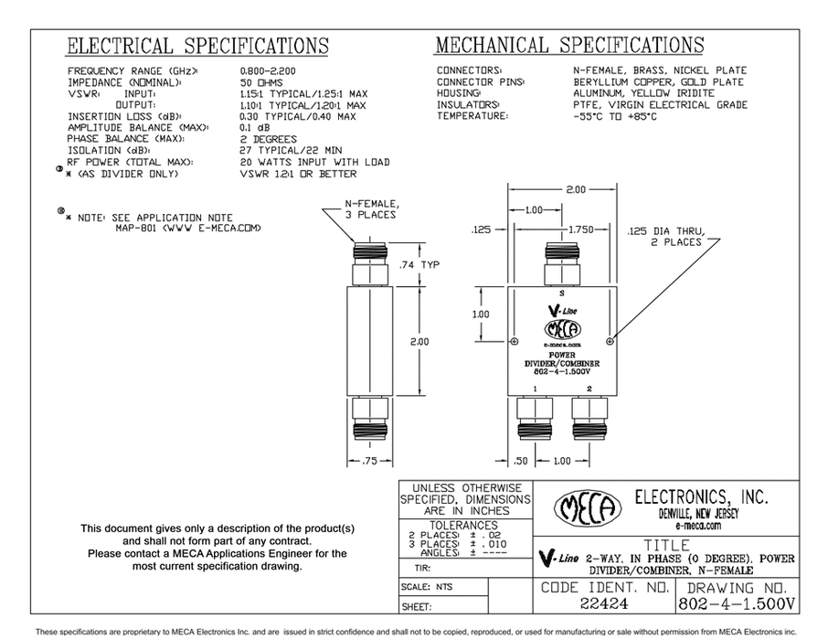 802-4-1.500V 2-way N-Female Power Dividers electrical specs
