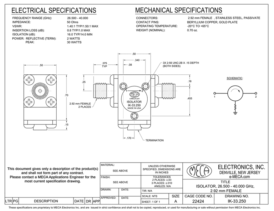 IK-33.250 Microwave Isolator electrical specs 2.92mm-Female