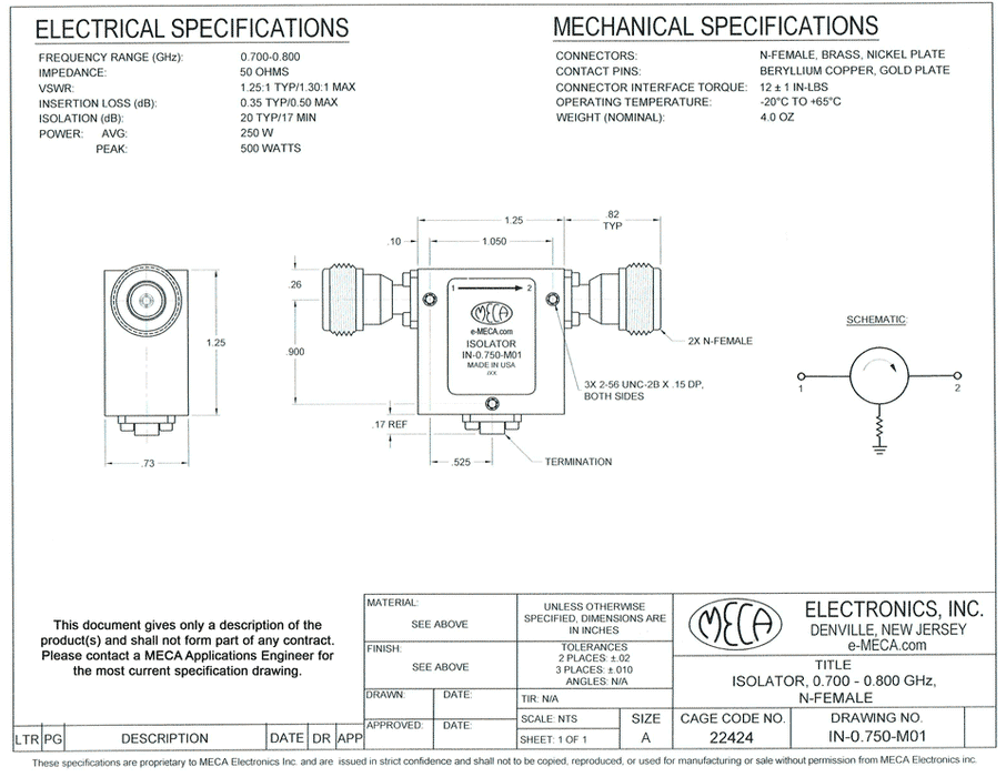 IN-0.750-M01 RF Isolators electrical specs