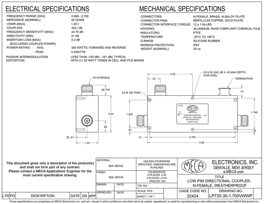 LP725-30-1.700VWWP Low PIM Directional Coupler electrical specs