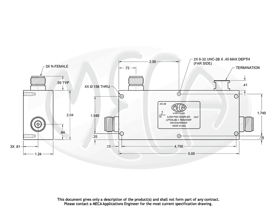 LP725-dB-1.700VWWP Low PIM Directional Coupler N-Female connectors drawing