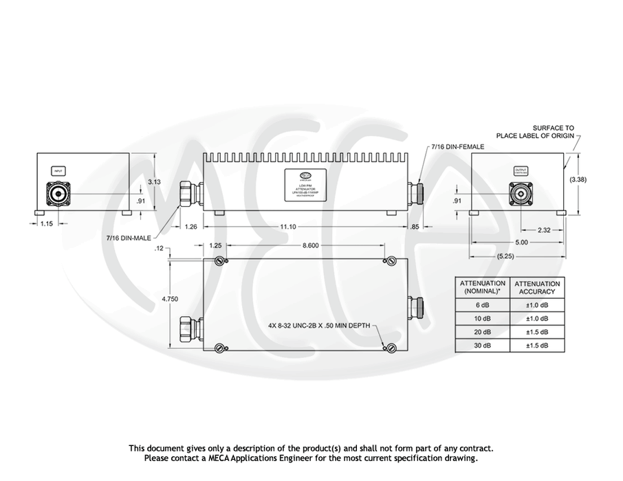 LPA100-dB-11WWP Low PIM Attenuator 7/16 DIN Male/Female connectors drawing