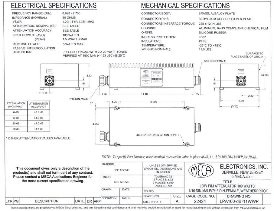 LPA100-dB-11WWP Low PIM Attenuator electrical specs