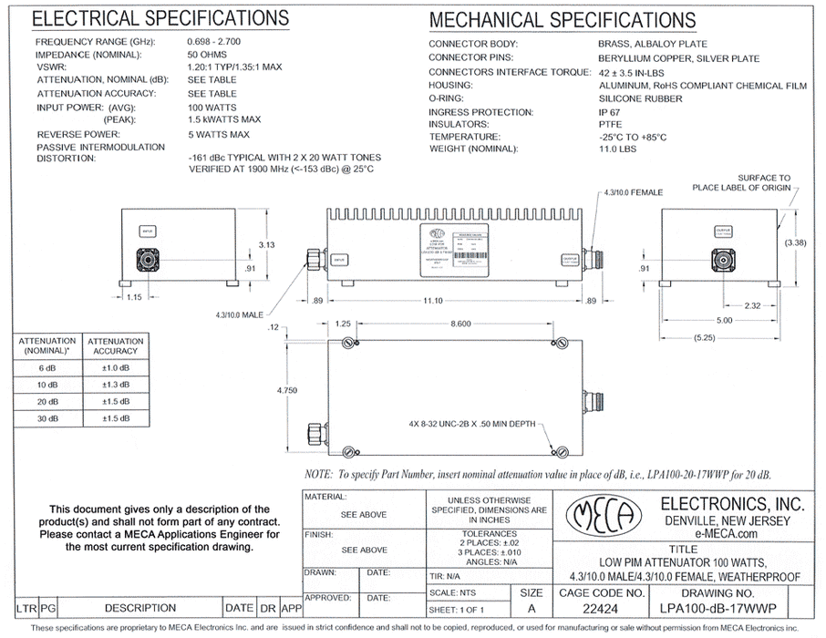 LPA100-dB-17WWP Low PIM RF Attenuators electrical specs