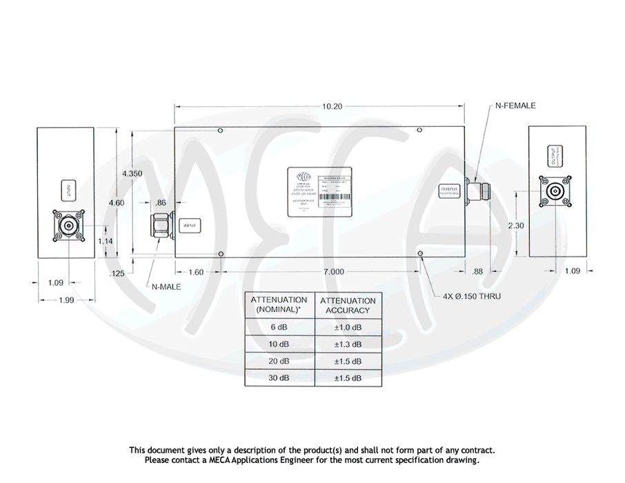 LPA50-dB-1WWP Low PIM Fixed Attenuators N-Male/N-Female connectors drawing
