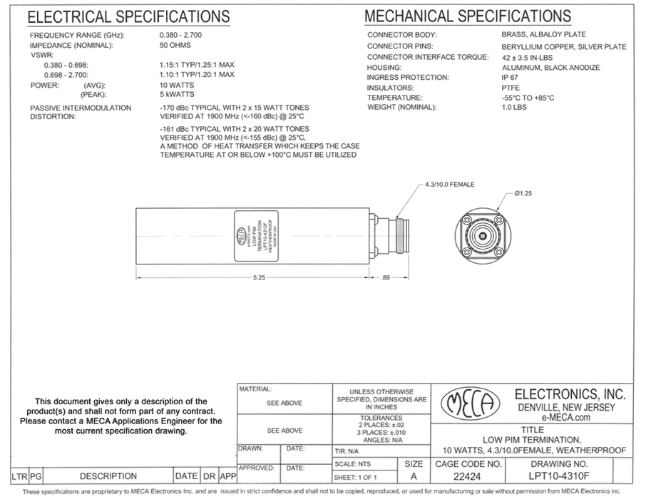 LPT10-4310F Low PIM 10 Watts Termination electrical specs