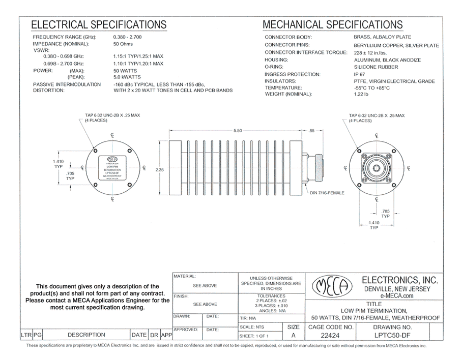 LPTC50-DF Low PIM RF Termination electrical specs