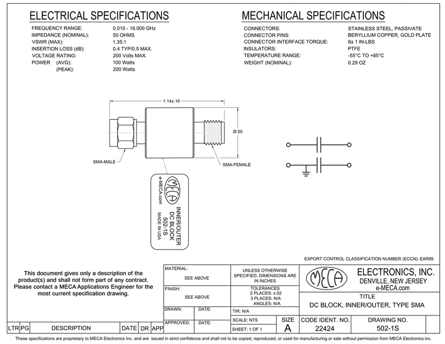 502-1S, 100 Watts, SMA, 0.010-18.0 GHz