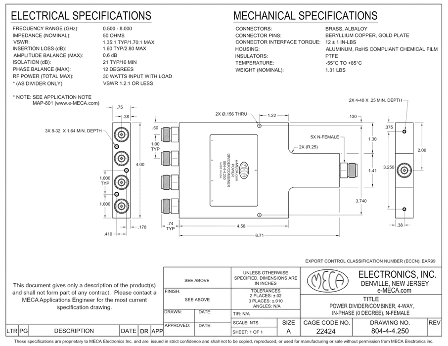 804-4-4.250, N-Female, 0.500-8.000 GHz