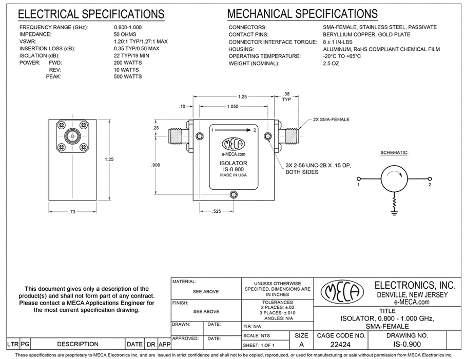 IS-0.900, 10 Watts, SMA-Female 0.800-1.000 GHz