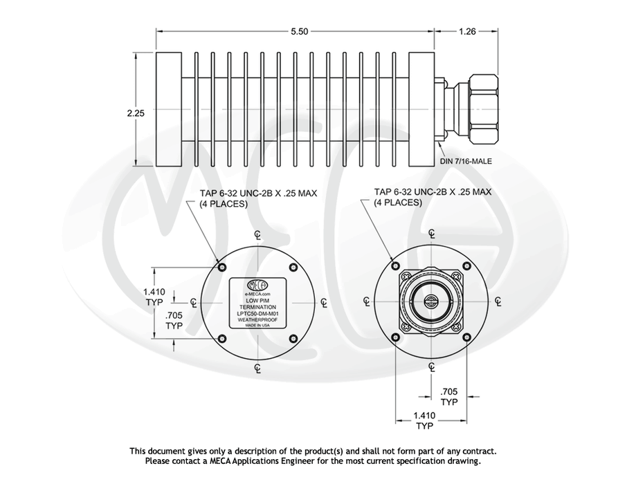 LPTC50-DM-M01 Low PIM Termination 50 Watts 7/16 DIN-Male connectors drawing