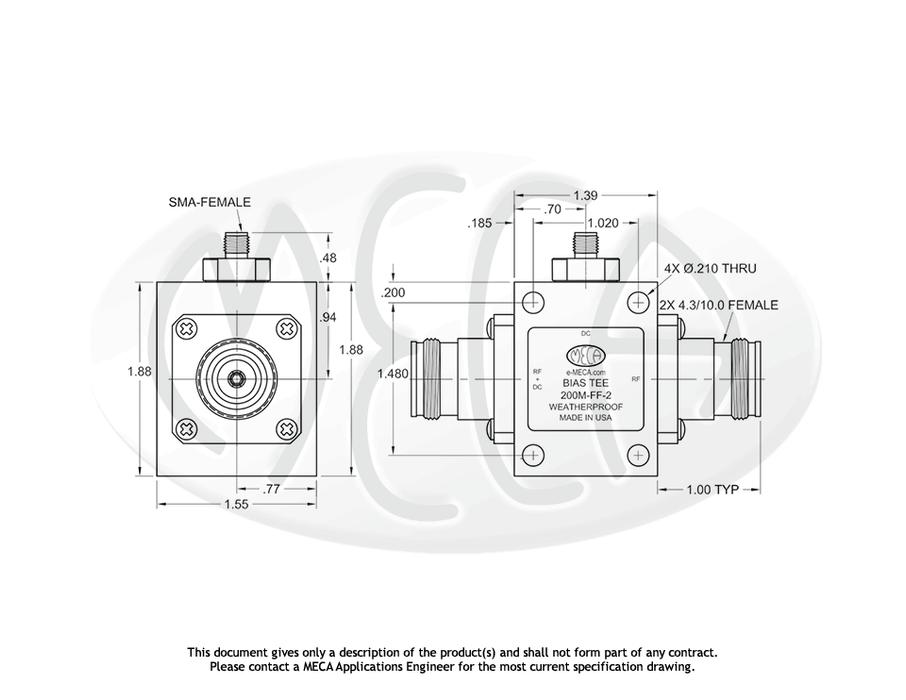 200M-FF-2 Bias Tee 7/16 DIN connectors drawing