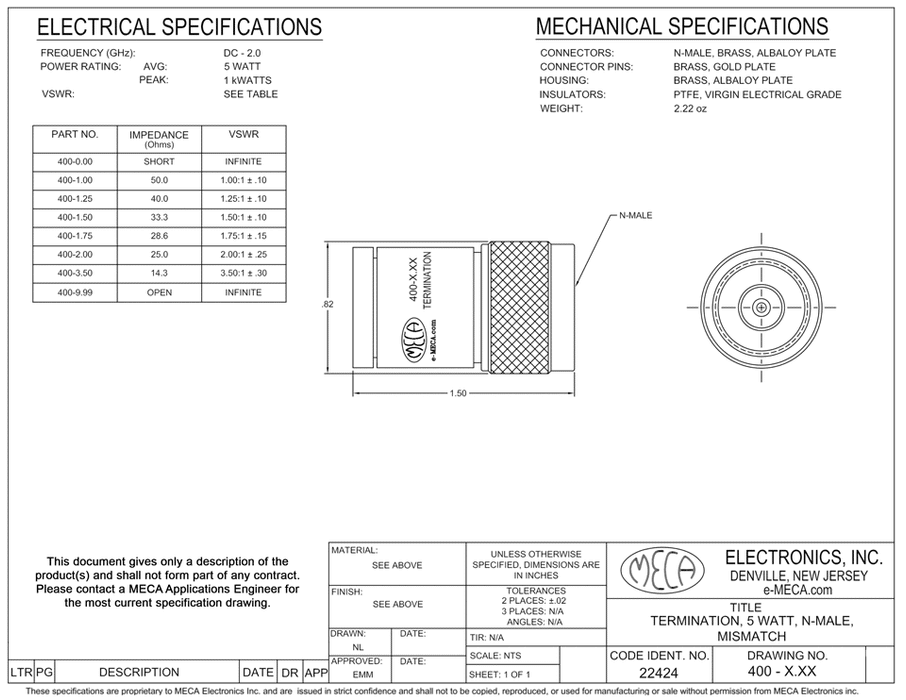 400-3.50 N-Male RF Loads electrical specs