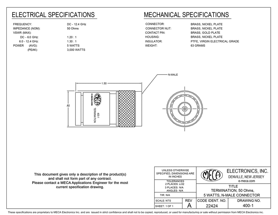 400-1 5 Watts N-Male Terminations electrical specs