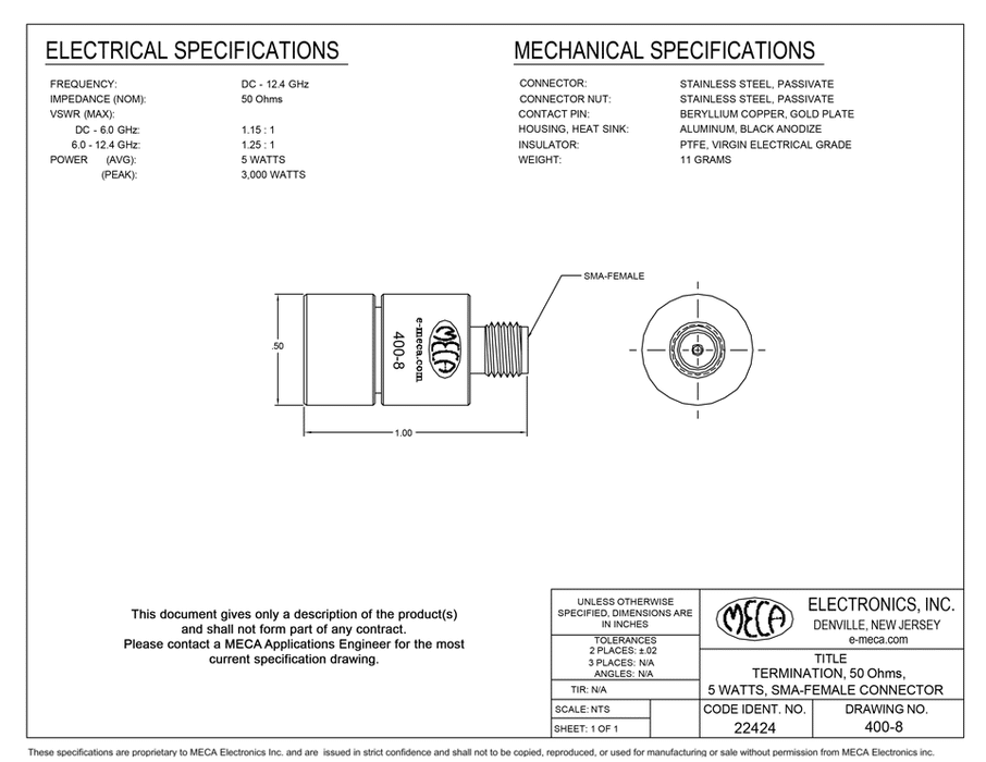 400-8 SMA Terminations electrical specs