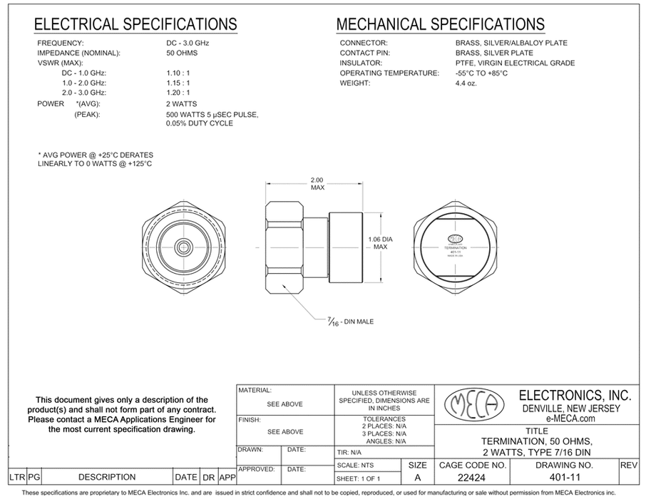 401-11 7/16 DIN Termination electrical specs