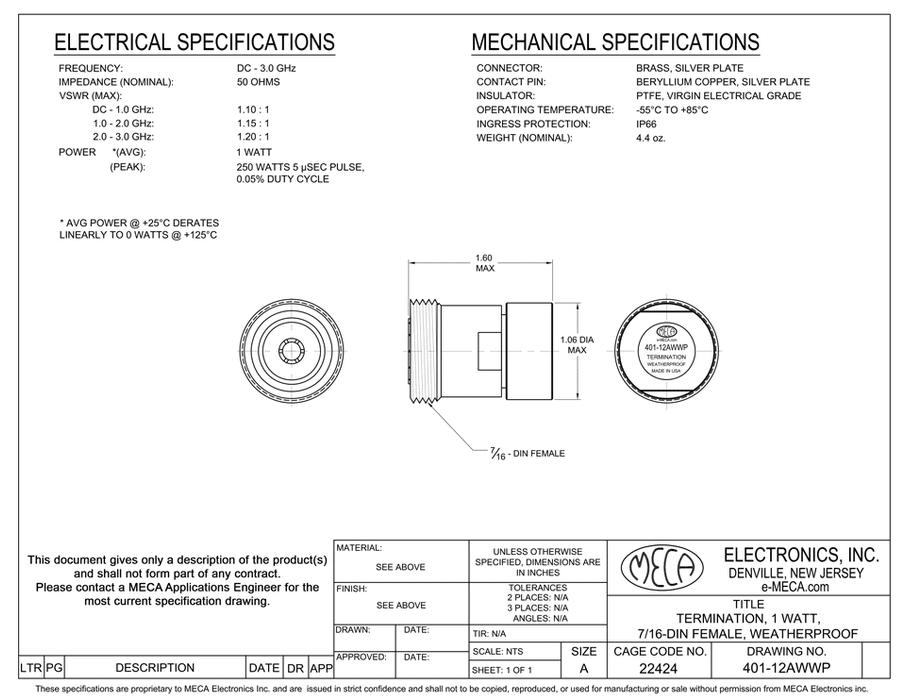 401-12AWWP 7/16 DIN-Female RF Load Termination electrical specs