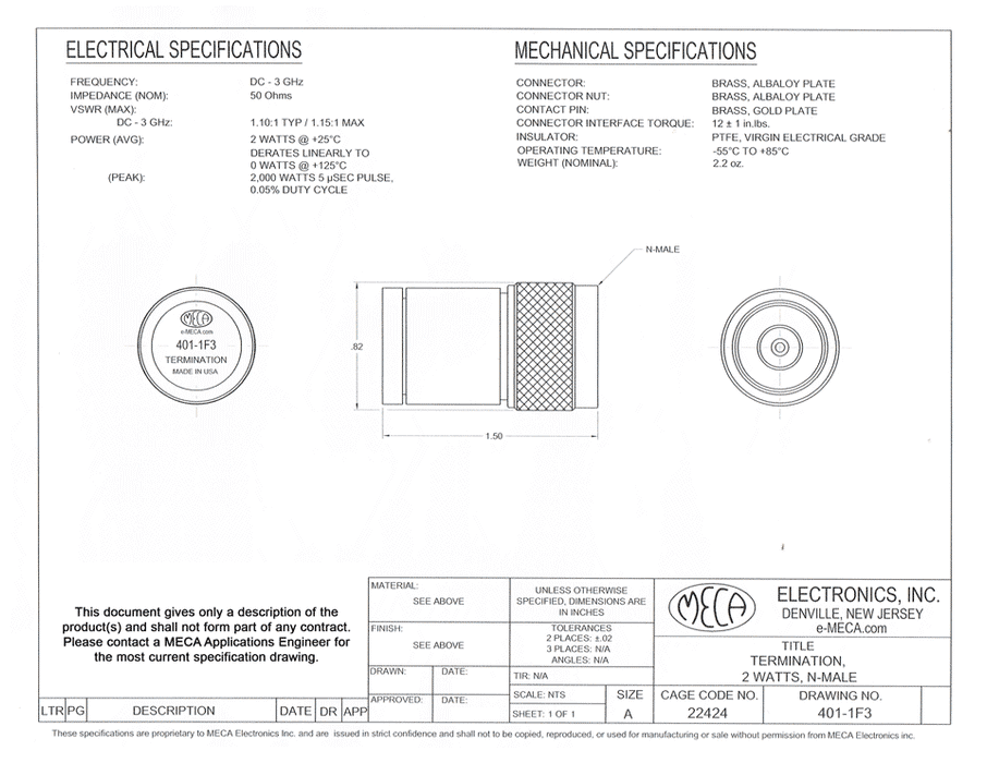 401-1F3 2-Watt Termination electrical specs