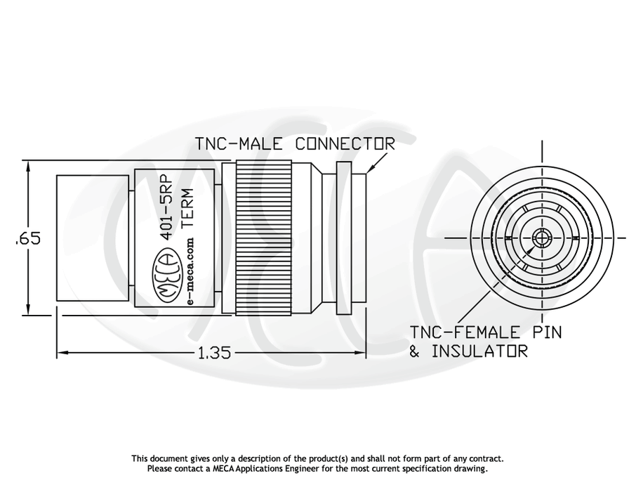 401-5RP Termination RP-TNC-Male connectors drawing