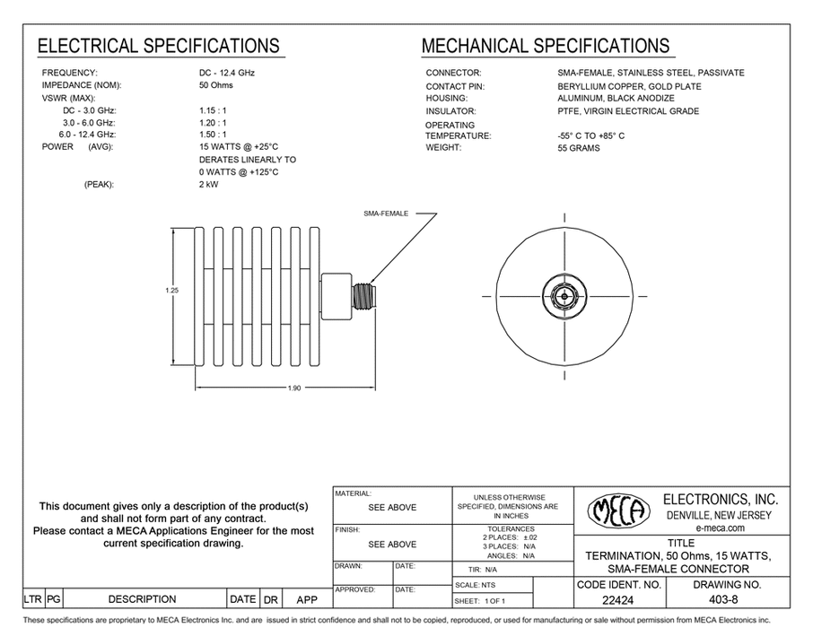 403-8 15 Watts RF Termination electrical specs