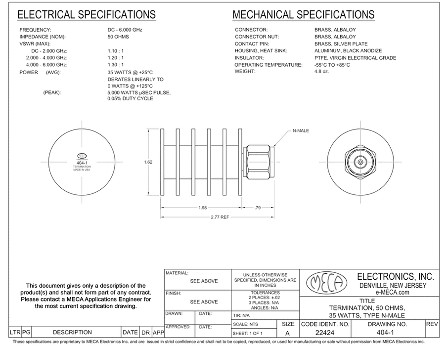 404-1 35 Watts RF Load electrical specs