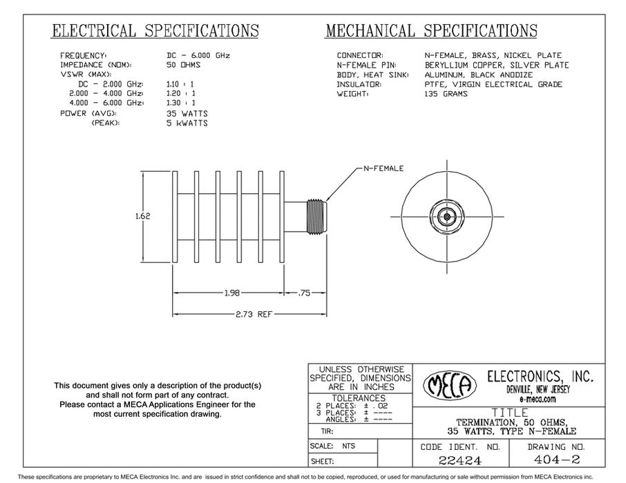 404-2 RF-Load Termination electrical specs