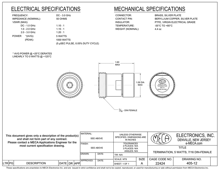 405-12 5 Watts Termination electrical specs