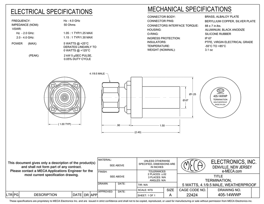 405-14WWP Terminations electrical specs