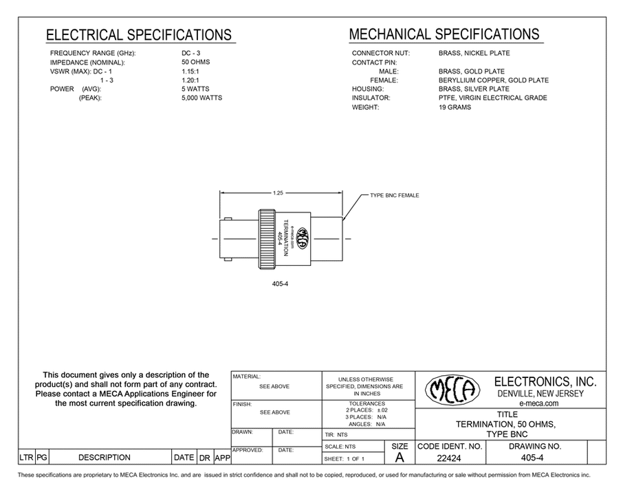 405-4, BNC-Female, 5 Watts, DC-3.0 GHz