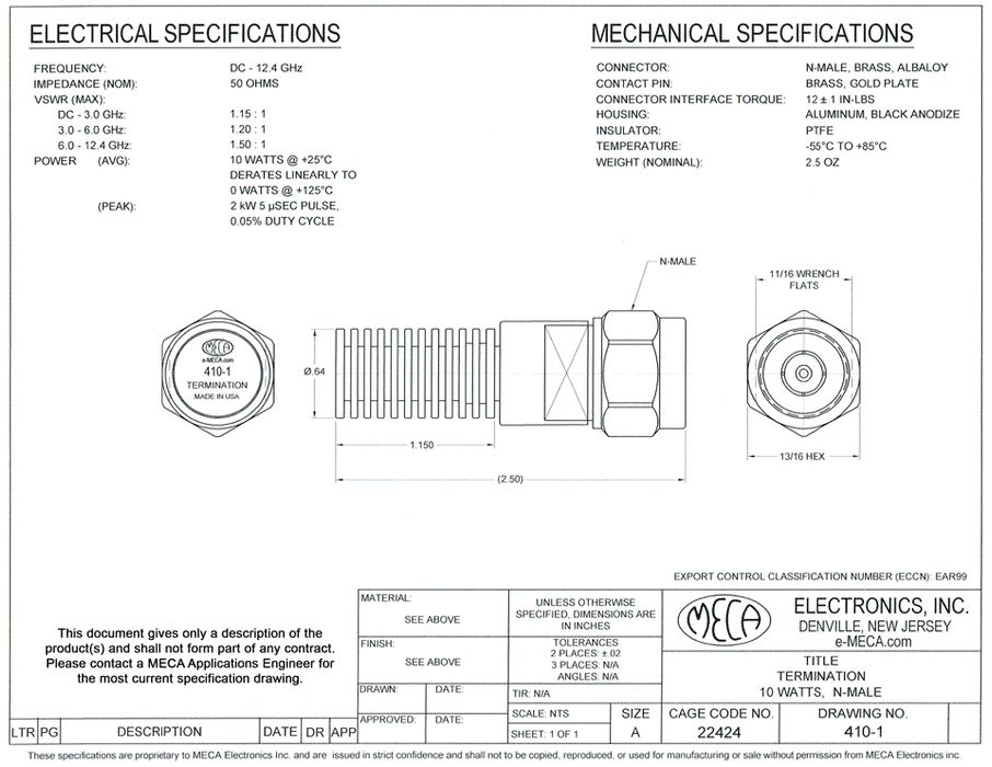 410-1 RF/Load/Termination electrical specs