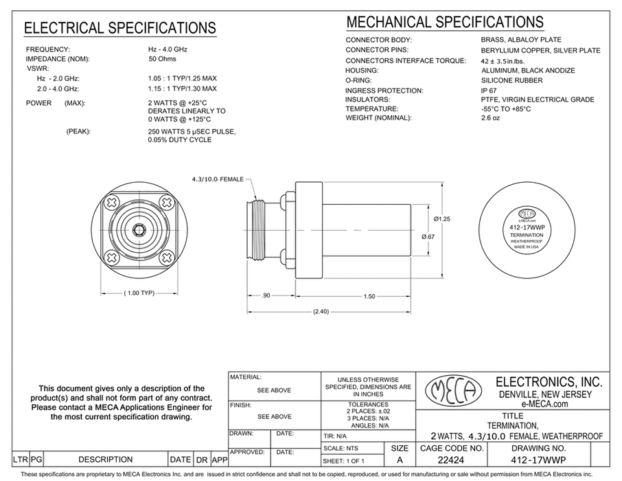 412-17WWP 4.3/10.0 Female/Termination electrical specs